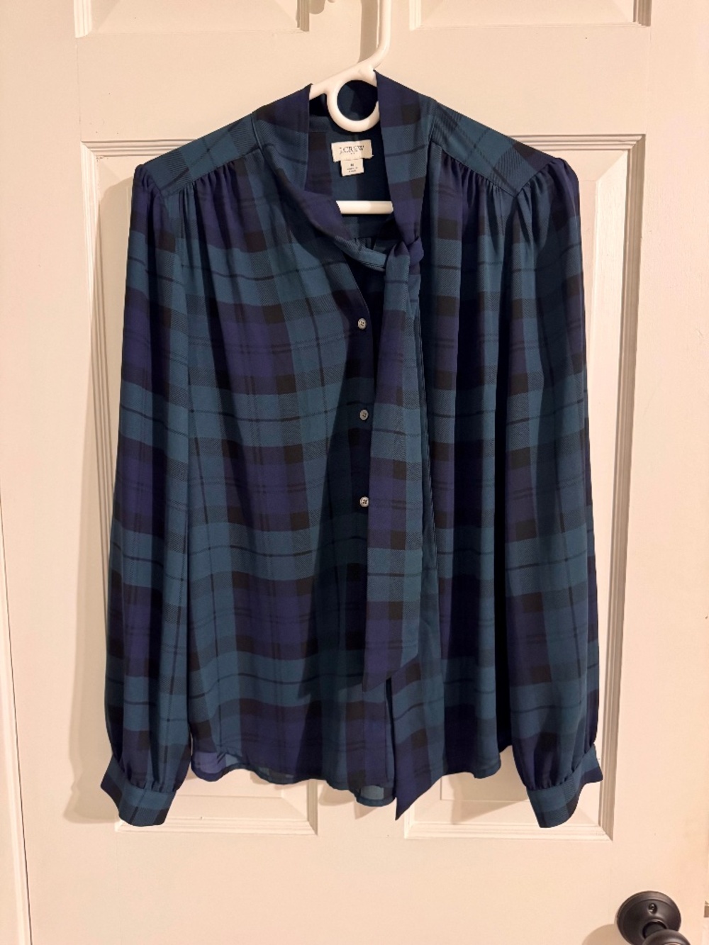 J.Crew Teal & Navy Plaid Tie-Neck Blouse I Size Medium